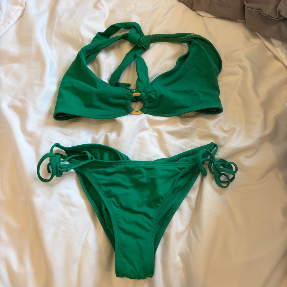 L space green halter o ring bikini